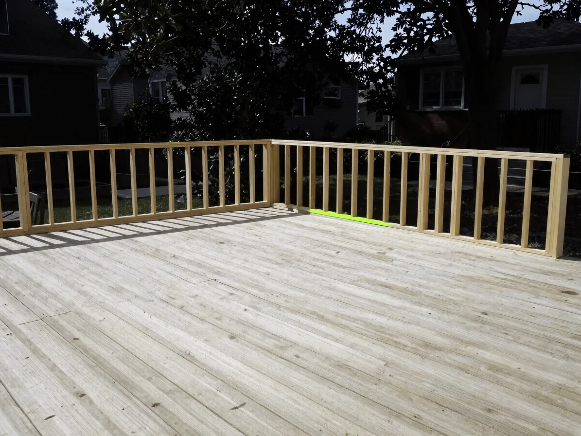 Wide environmental view of a finished residential timber deck in