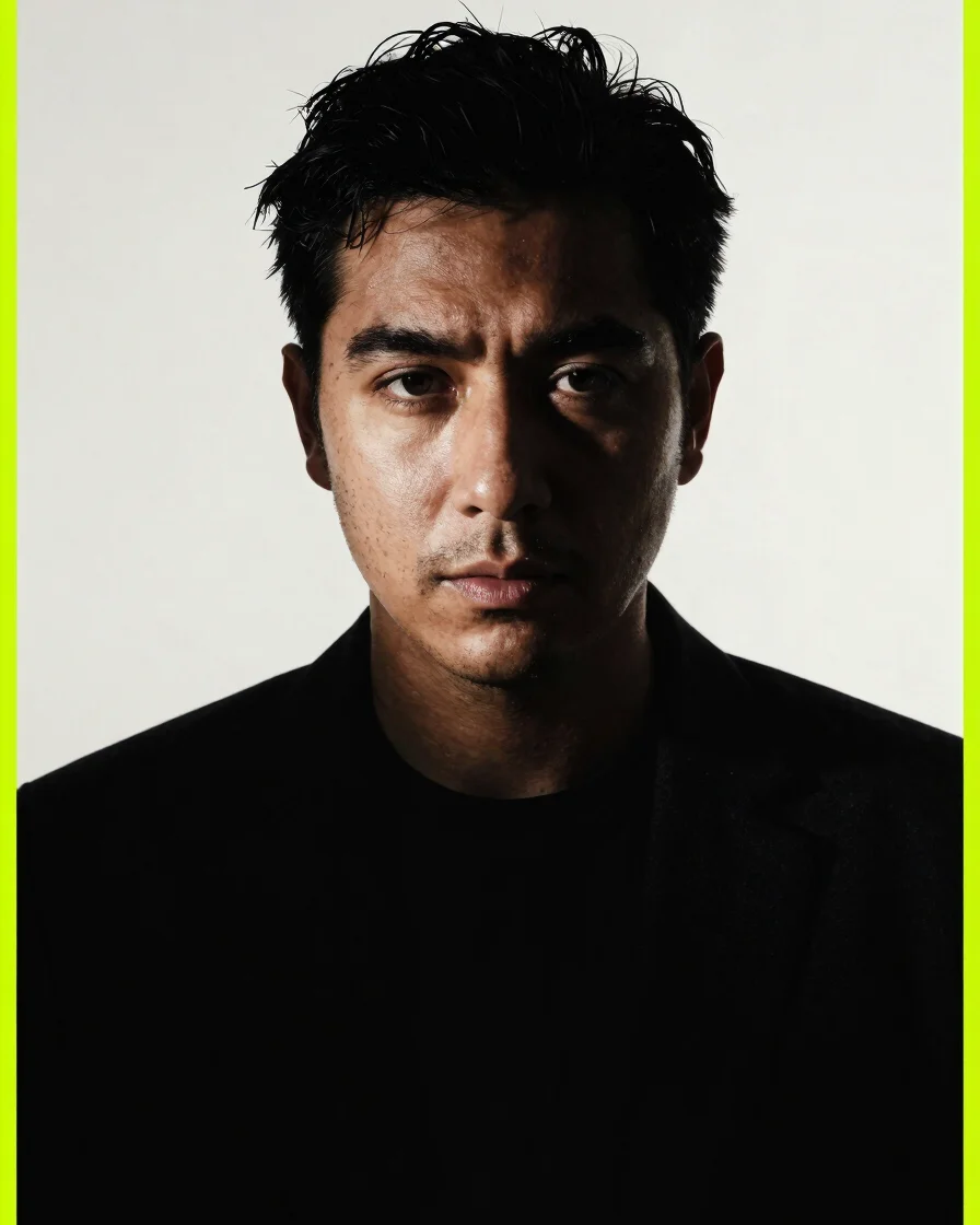 High-contrast editorial portrait of a man in a dark studio, contr