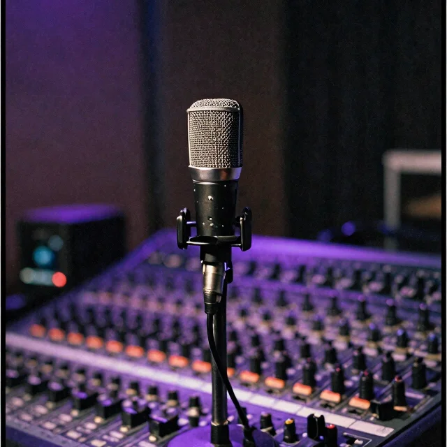 Editorial photography, hard direct flash, cinematic still of a studio microphone and mixing console in a dim room, viole