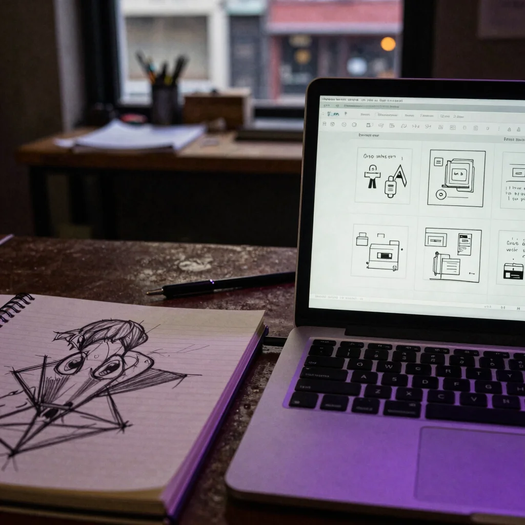 Editorial photography, hard direct flash, close-up of a laptop screen showing a UX wireframe grid beside a sketchbook on